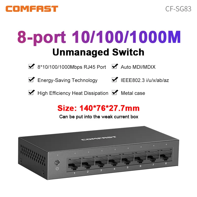 COMFAST 기가비트 이더넷 스위치, 고속 변속기 플러그 앤 플레이 스위치, 확장 네트워크 포트, 8 포트, 8K 자동 MDI/MDIX, 1000Mbps
