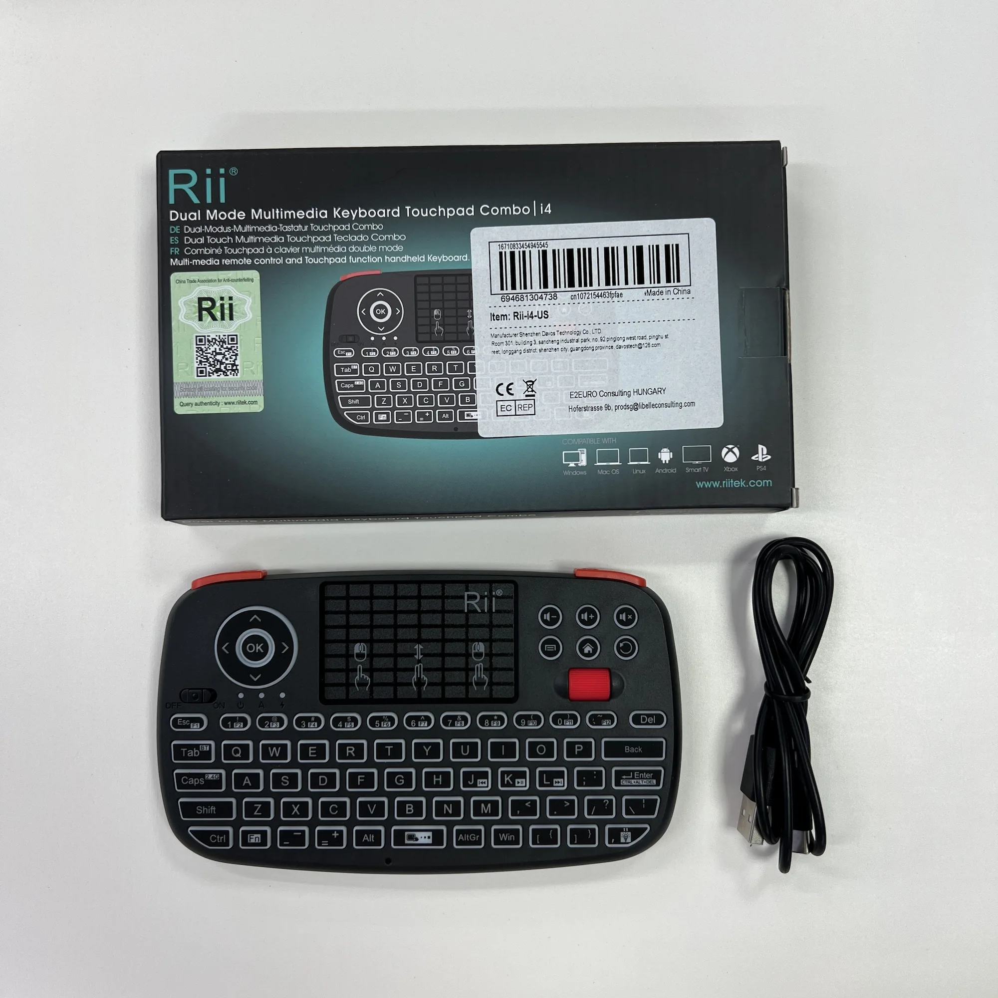Rii i4 미니 BT 무선 키보드(터치패드 포함) 2.4GHz 백라이트 마우스 원격 제어(Windows 안드로이드 TV 박스 스마트 TV용)