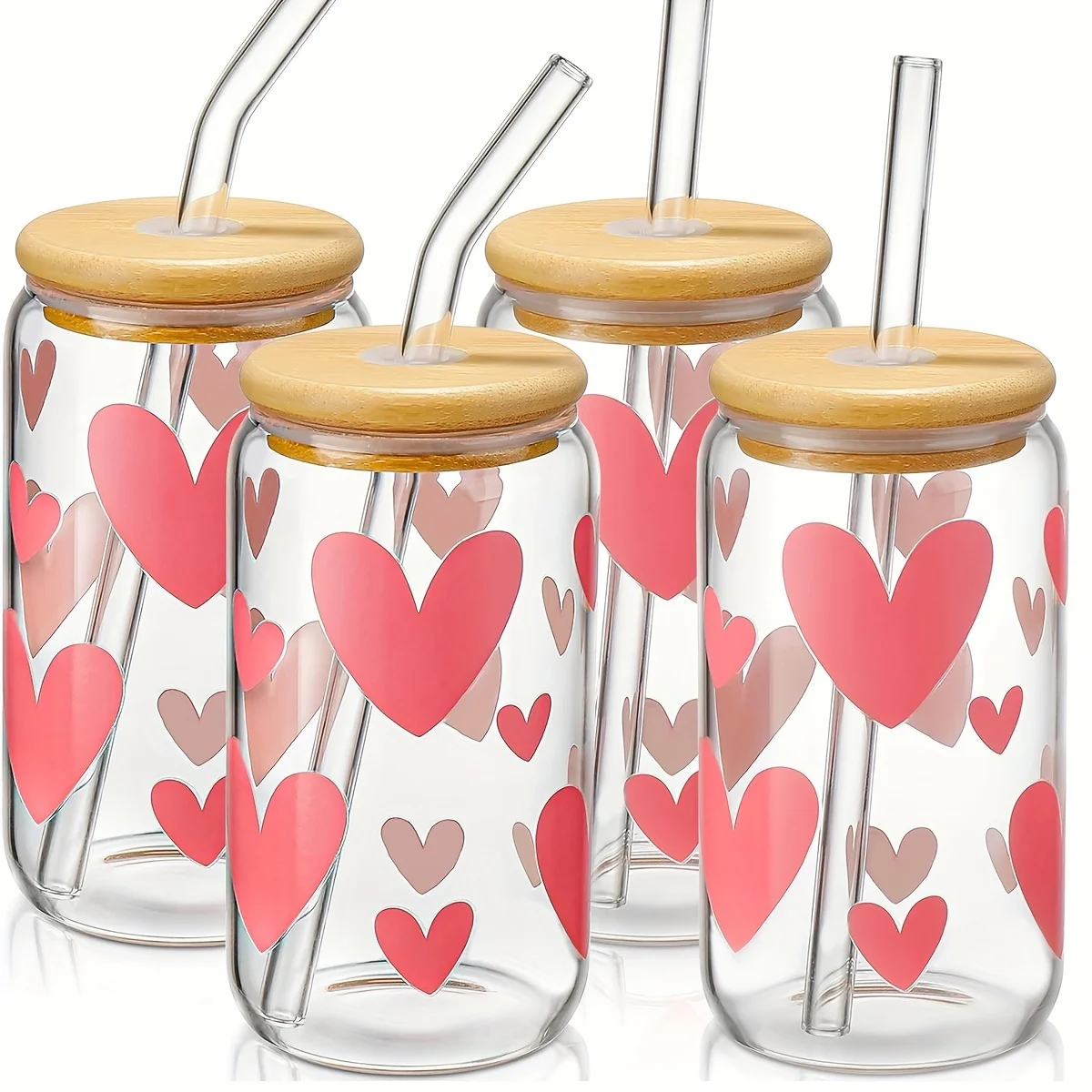 

16OZ Cute Style Gift Glass Cup, Festival Visit Companion Gift, High Borosilicate Material, Pink Heart Glass Cup with Straw and L
