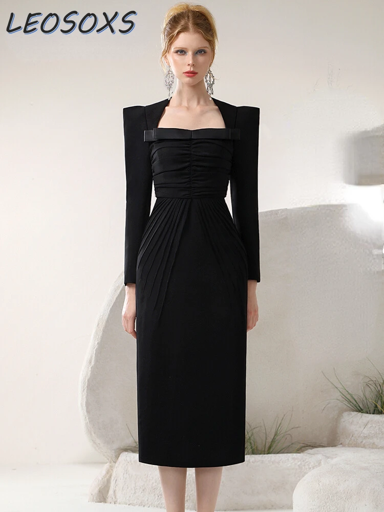 

Autumn and Winter French Hepburn Style Evening Dresses Black High Waist Slimming Shirring Elegant Square Collar Women Dress