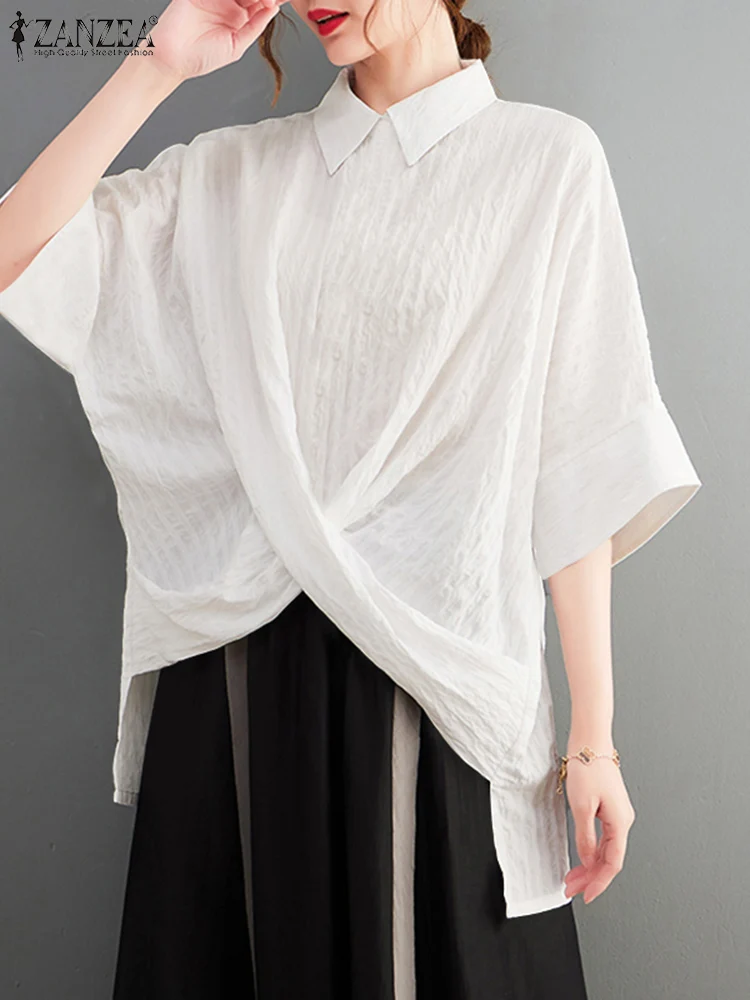 

ZANZEA Casual Loose Solid Blouses Women 3/4 Sleeve Shirt Fashion Cross Asymmetrical Tops Summer Holiday Turn Down Collar Tunics