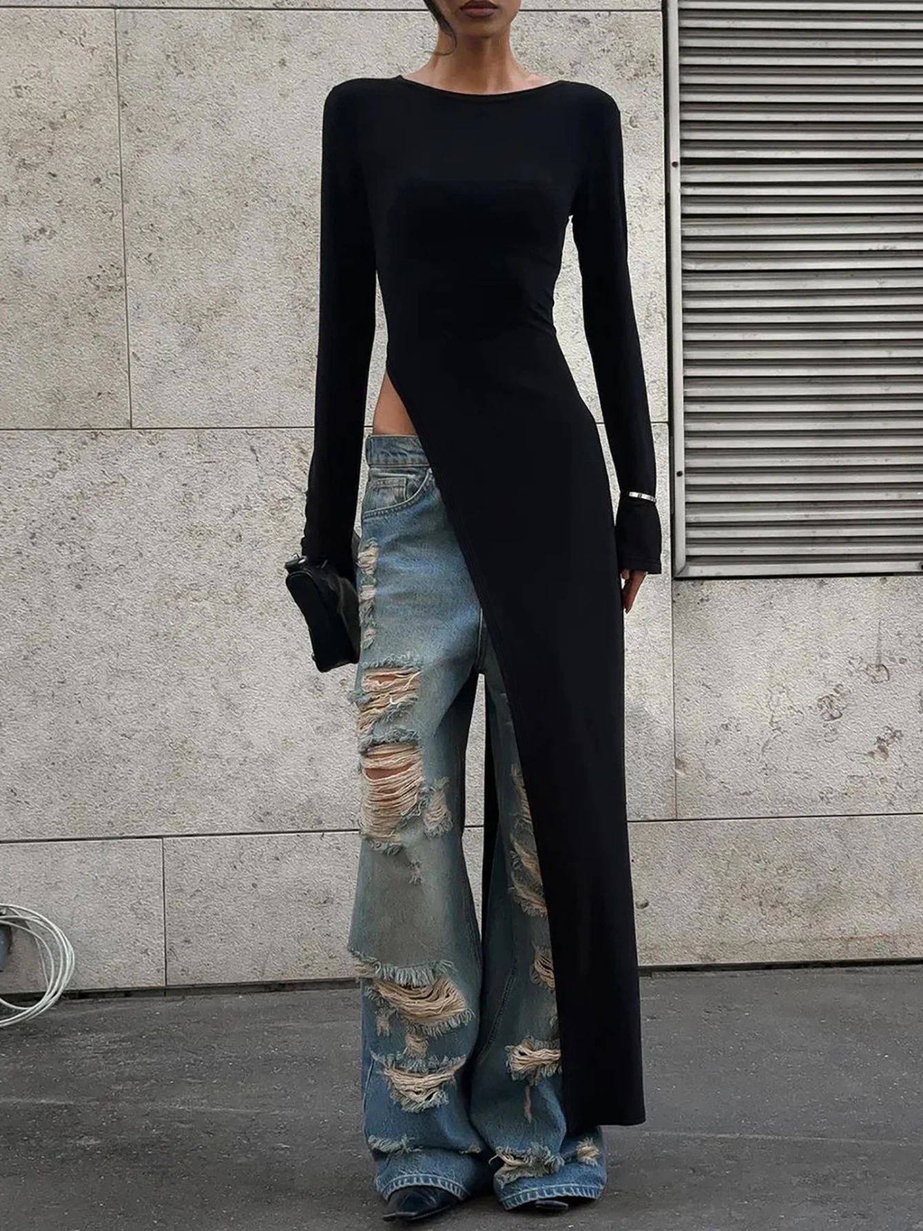 Long Sleeve High Slit Maxi Dress - Solid Sexy Autumn Winter Party Outfit