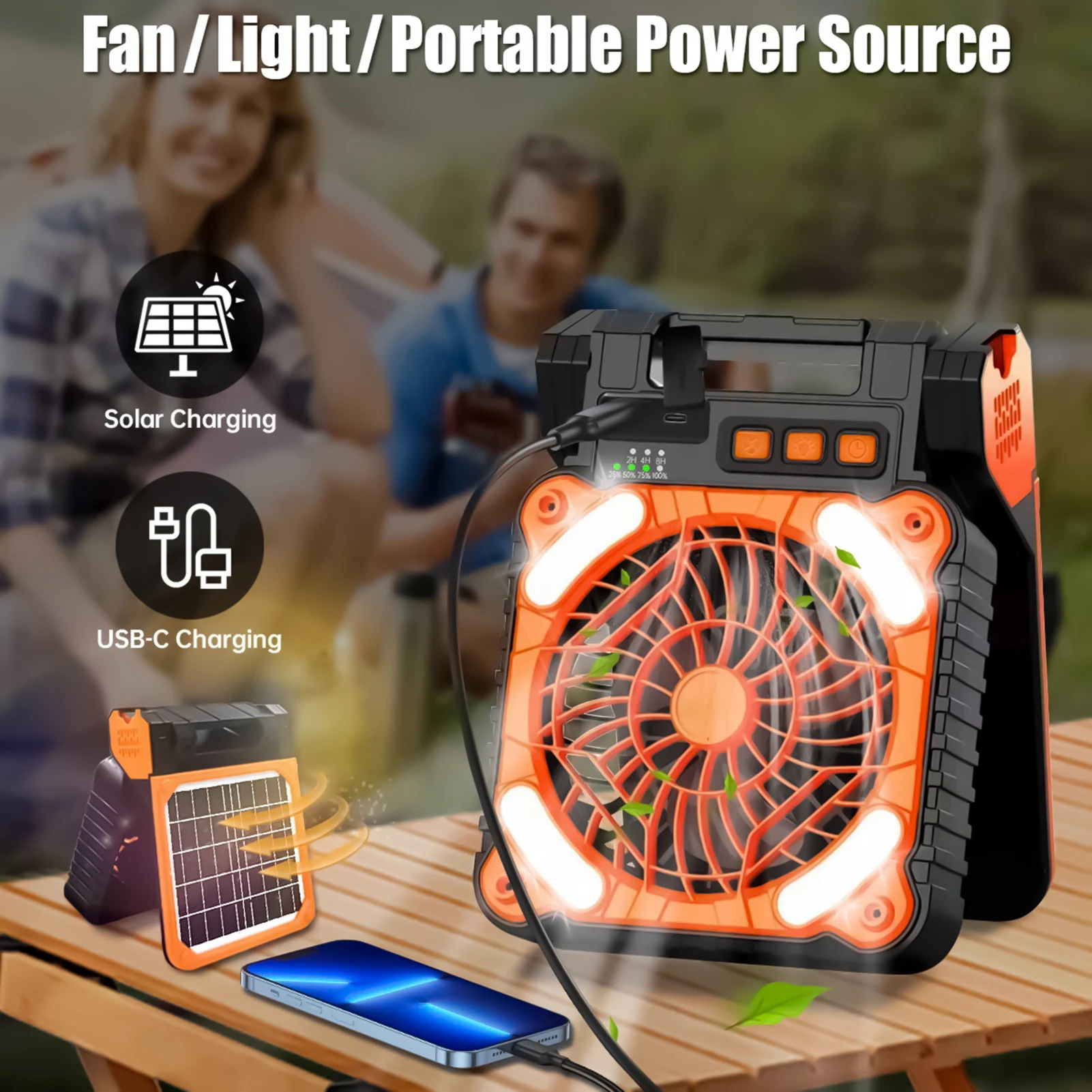 

Solar Powered Fan Portable Rechargeable Home Desk Camping Fan Outdoor Hiking Emergency Lighting Light for Barbecue Tent Car Trip