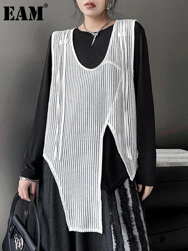 [EAM] 여성용 화이트 언밸런스 메쉬 원근법 빅 사이즈 조끼, O넥 민소매 패션, 타이드 용수철, 가을, 2024, 1DH5035, 신상 