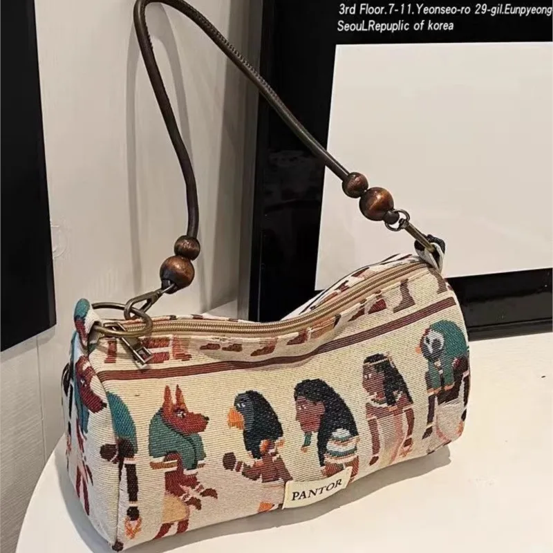 Retro Pharaoh Cartoon Print Tote Bag Women Bohemian Style Fun Cute Large Capacity Shoulder Bag Ladies Fashion Casual Handbag New