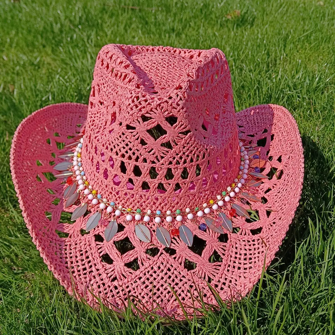 Melesh Western women's malan flower cowboy hat straw cowboy hat plasticity strong wide brim sun beach bucket
