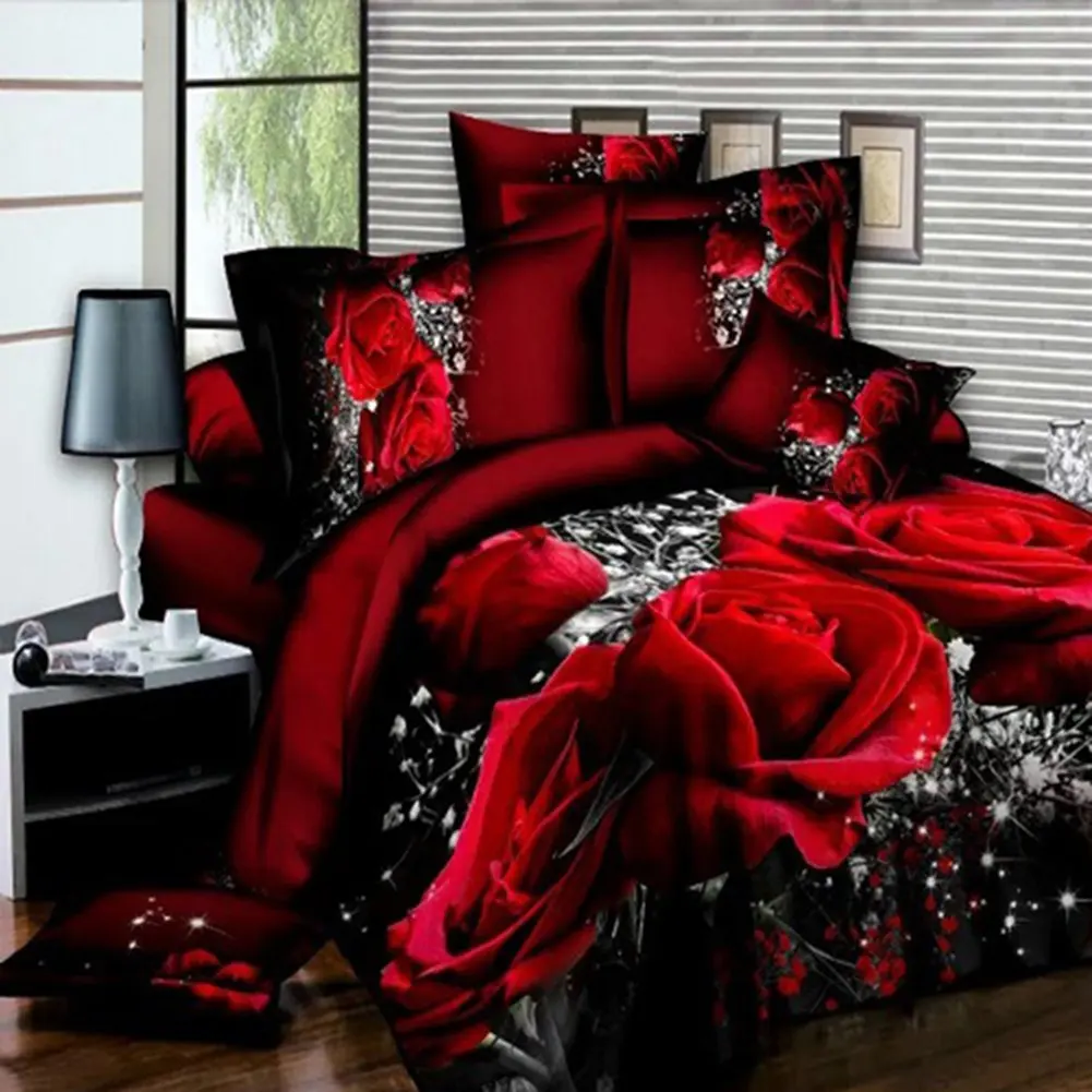 Description Picture 4 of item4 PCS 3D Big Red Rose Floral Bedding Sets Wedding Duvet Cover Sheet Pillow Cases Double Bed Sheet Comforter Quilt King Size