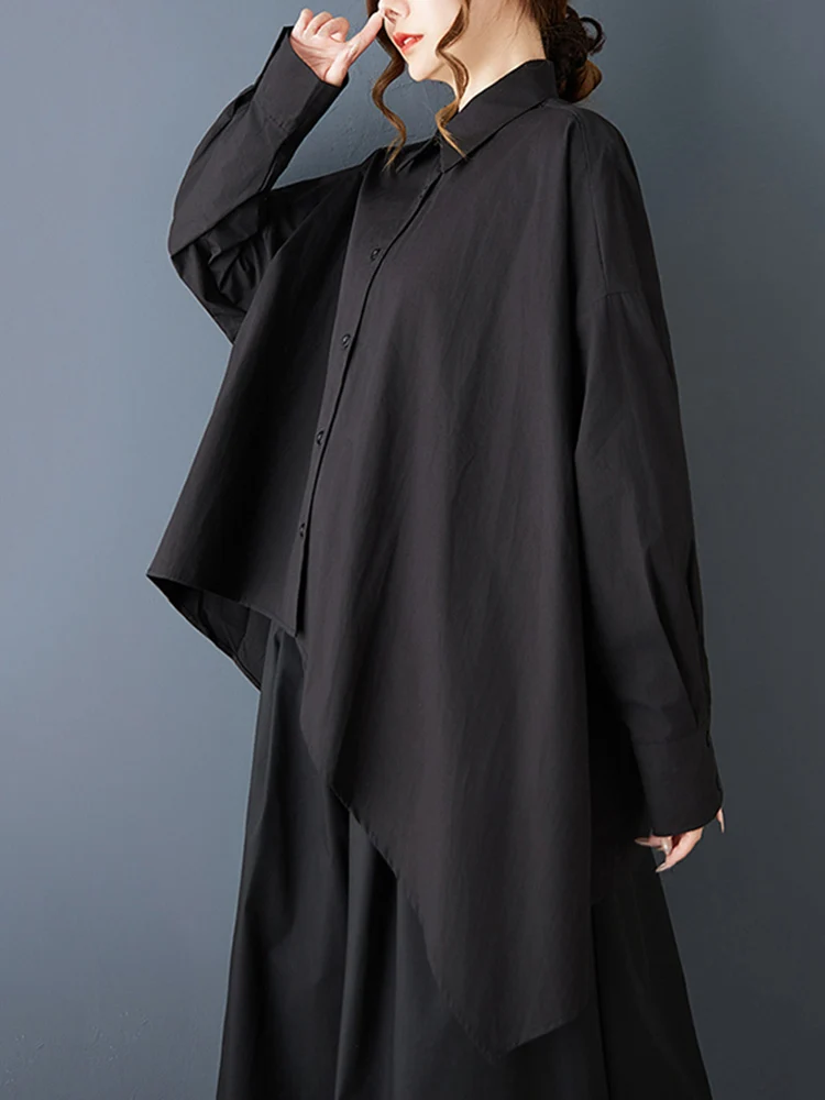 2025 Spring Autumn New Black Vintage Asymmetrical Oversized Shirt Women New Long Sleeve Loose Casual Blouse Top Fashion Clothing