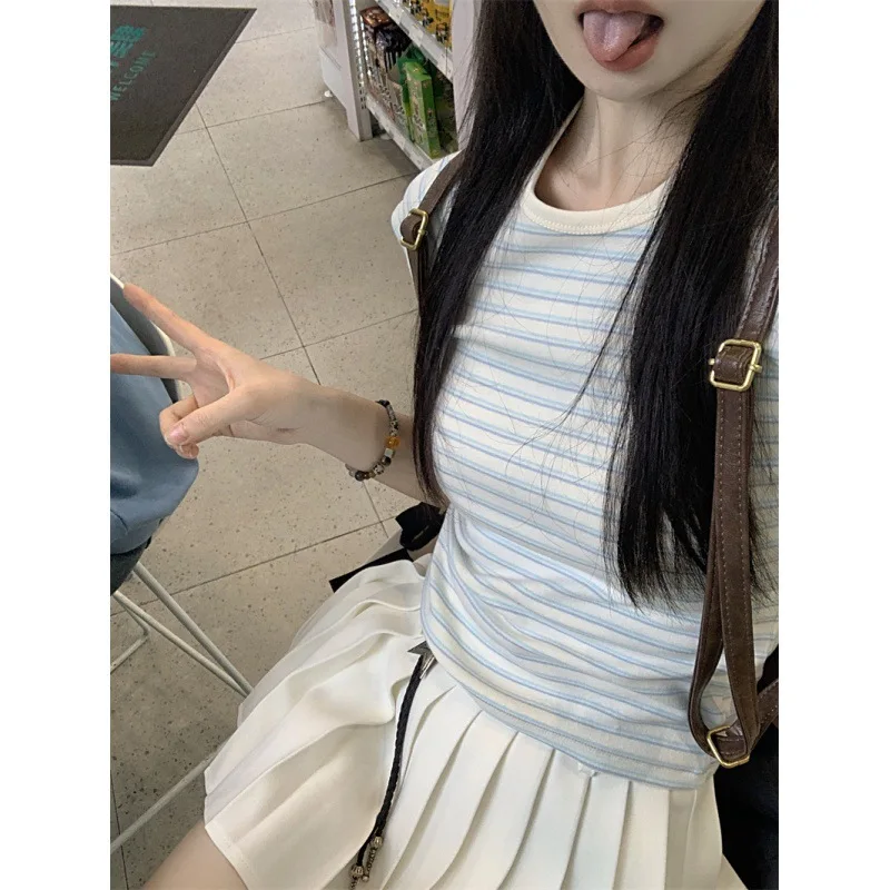 Women Casual Striped Sleeveless Cropped Tee