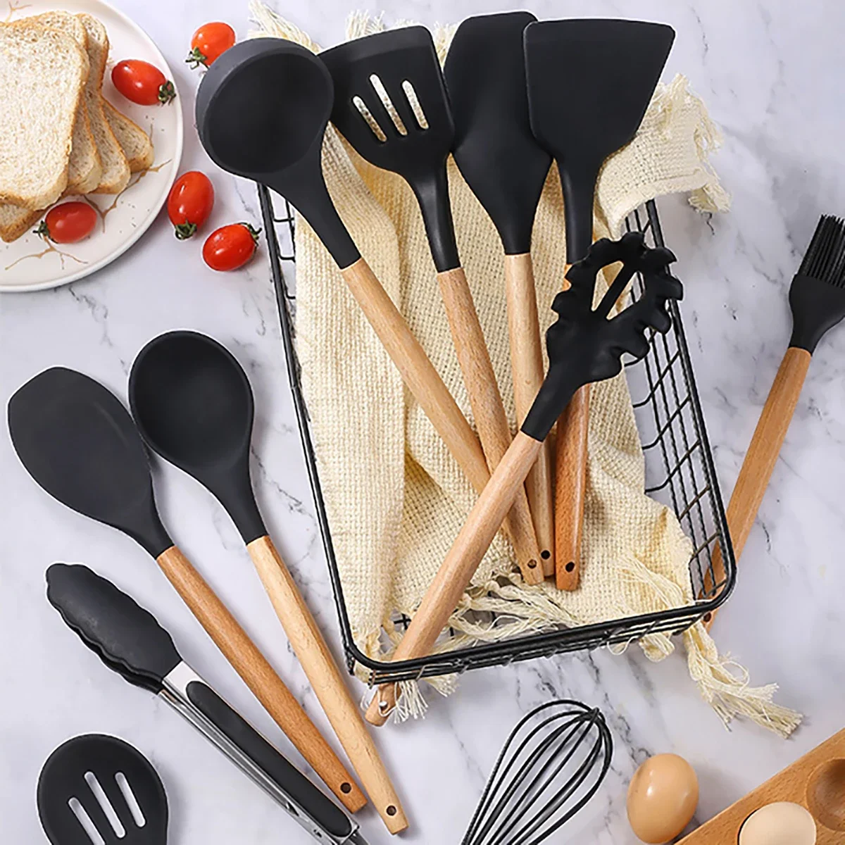 Silicone Kitchen Utensils With Storage Wooden Handle Bucket High Temperature Resistant And Non Stick Pot Spatula Spoon 12Pcs/Set silicone kitchen utensils