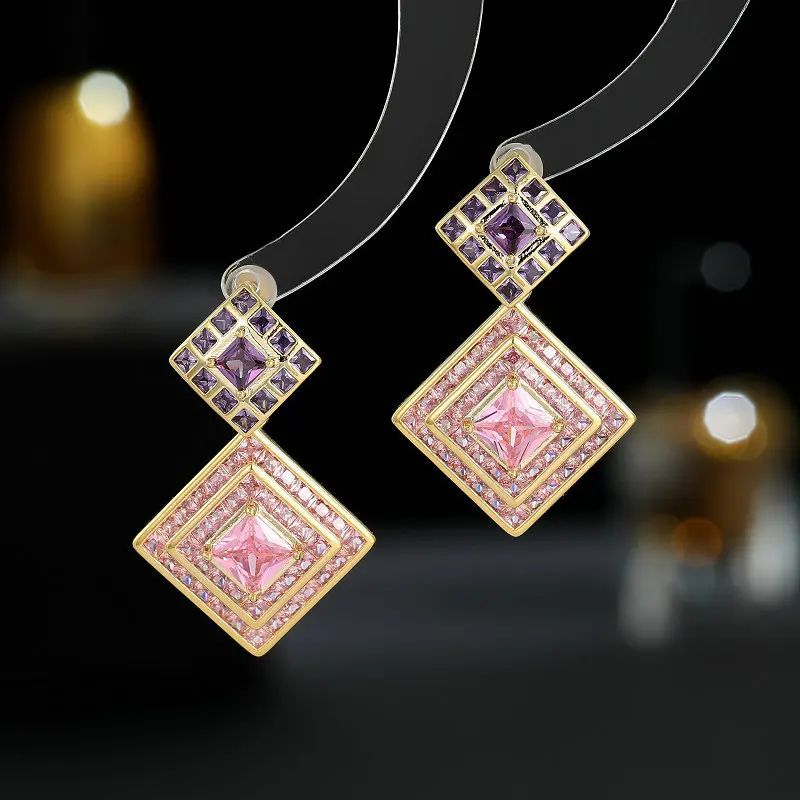 France Fashion Temperament Geometric Lozenge Dangle Earrings For Women Brand Design Sweet Romantic Cubic Zirconia Stud Earings