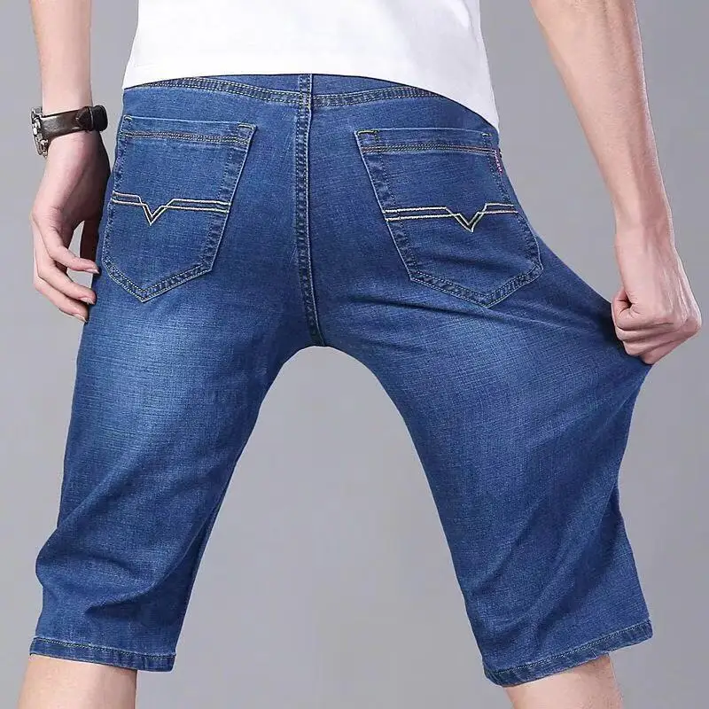 Summer Thin Denim Knee Pants Show Thin Elastic Men High Quality Straight Tube Loose Business Travel Luxury Design Quarter Shorts