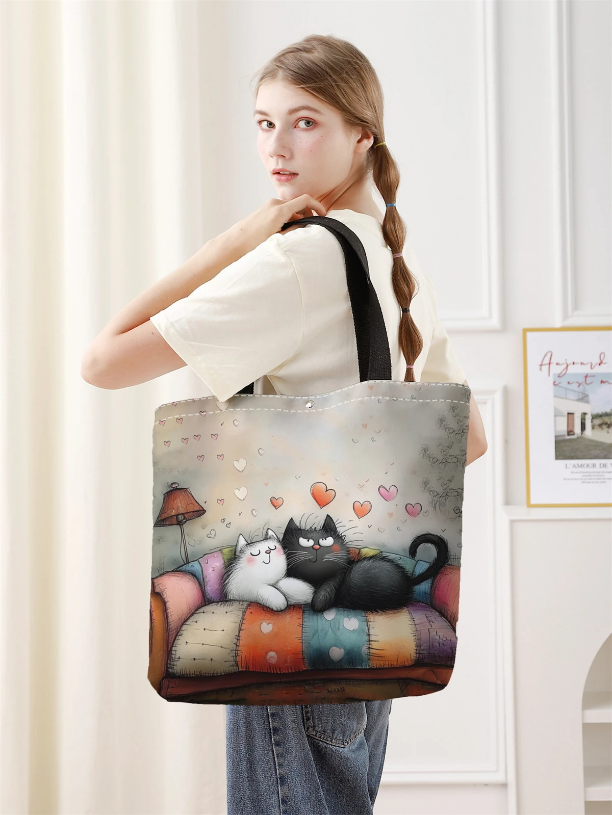 1pc， Cartoon cat pattern handbag, reusable fashionable handbag, multifunctional handbag, printed canvas shopping bag