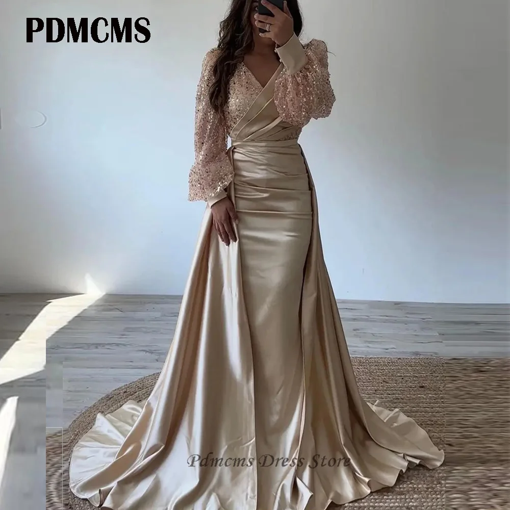 

PDMCMS Champagne Sequined Mermaid Evening Dresses V Neck Glitter Prom Dresses with Long Puffy Sleeves Satin Wedding Party Gowns