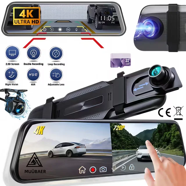 Dash Cam for Cars 4K, 9.66" Touch Screen Rear View Mirror Camera, Front & Rear Recording, Wide Angle, Night Vision,32GB Card