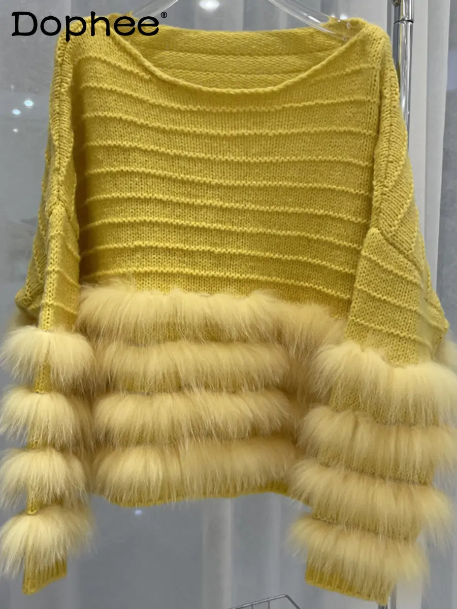 

Женский вязаный свитер с лисьим мехом, Свободный пуловер большого размера для похудения, Осень-зима 2022