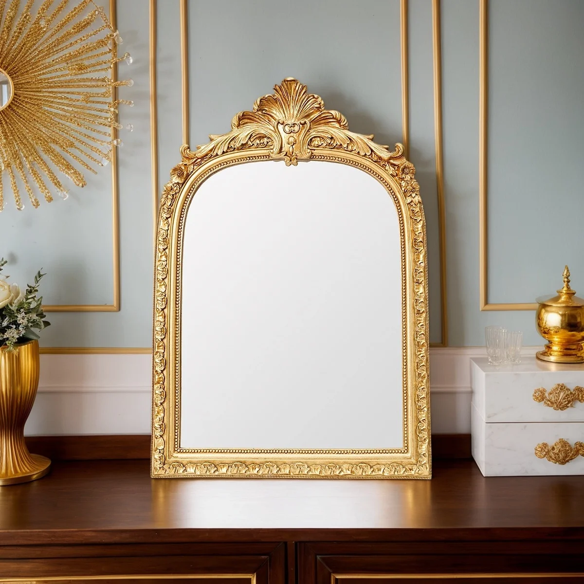 1PC, resin material, golden arched lace decorative hanging mirror, wall decoration and dressing table mirror
