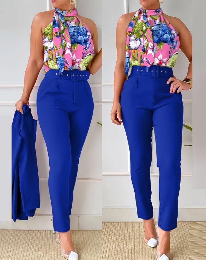 Women's Elegant Commuting Two-piece Set Casual Daily Floral Print Tie Neck Halter Sleeveless Tank Top and High Waist Pants Set