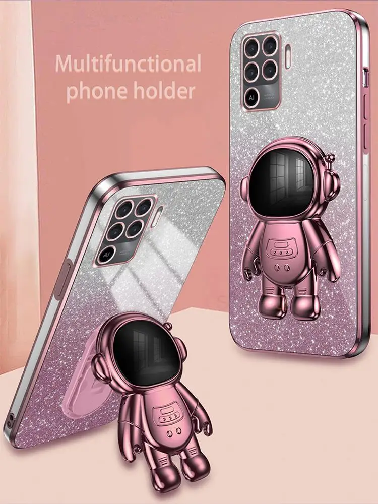 Luxury Glitter Plating Astronaut Holder Case - Women's Stand Soft Silicone Back Cover