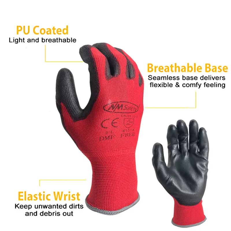 Garden Man Safety Gloves 12 Pairs Knitted Red Nylon Dipped PU Coated Palm Security Protective work gloves protective gloves gardening gloves