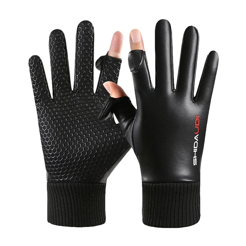 Zwei-Finger-Klapphandschuhe, warme Handschuhe aus PU-Leder, wasserdicht und kältebeständig, Radfahren im Winter im Freien, Fahren und Angeln – Detail 3