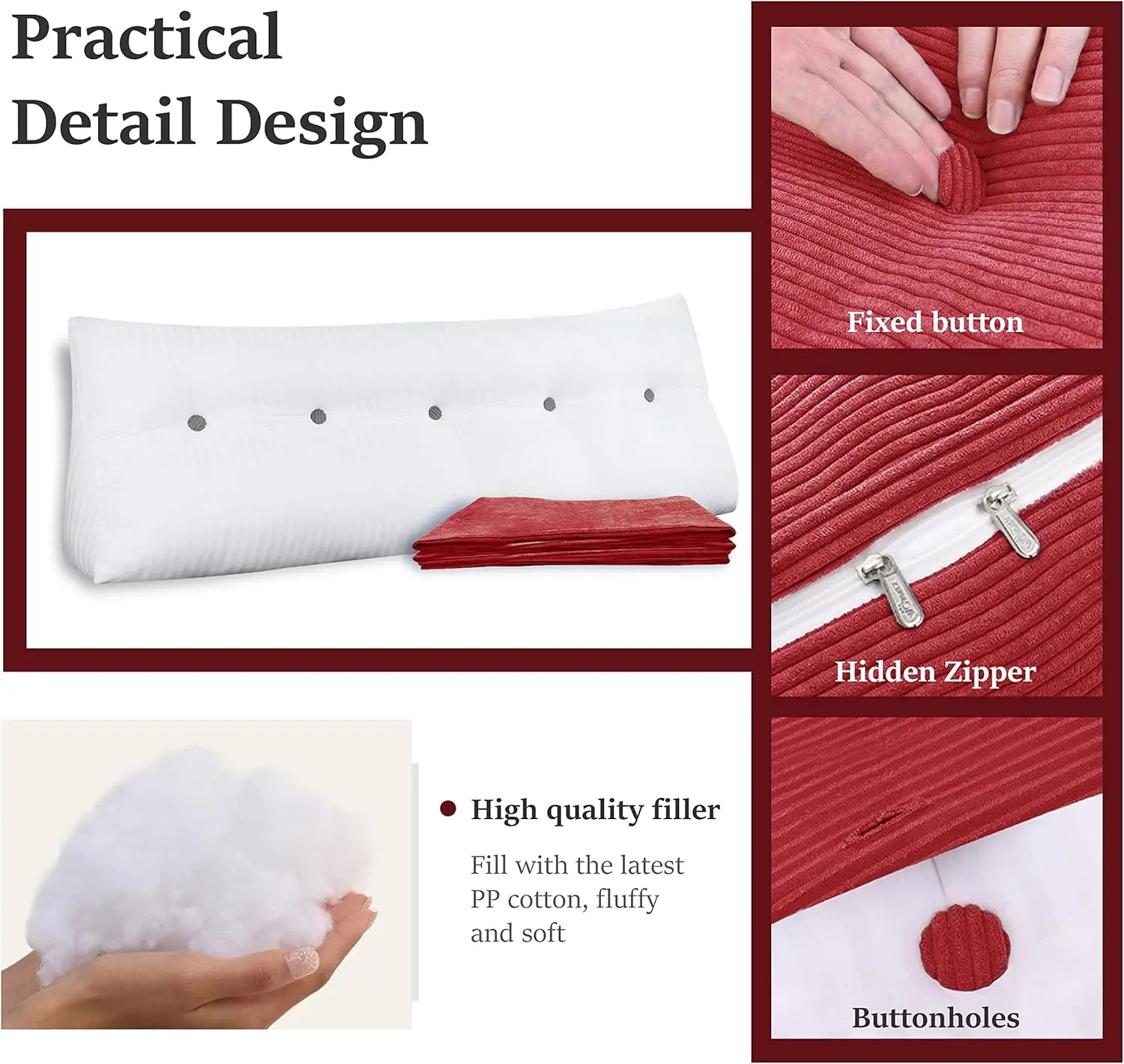 Headboard Wedge Pillow Triangular Bolster Pillows Backrest Bedrest Reading Pillow Lumbar Positioning Upholstered (Red,King)