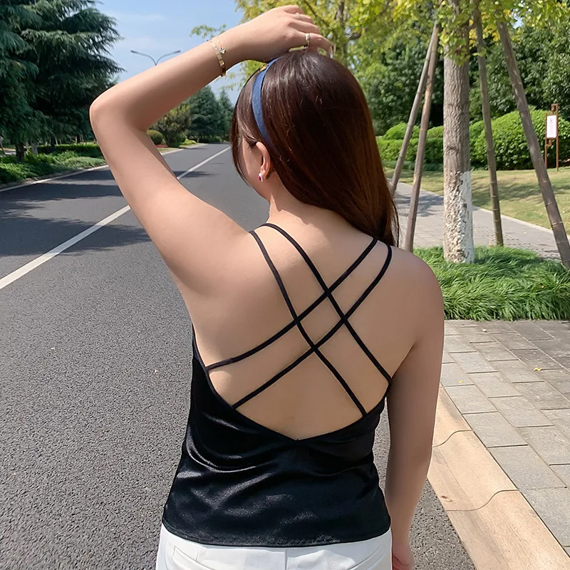 2022 Plus Size Women's Vest Suspenders Beautiful Back Lace Top Solid Color Tank Top With Built in Bra Comfortabler Camisole Vest