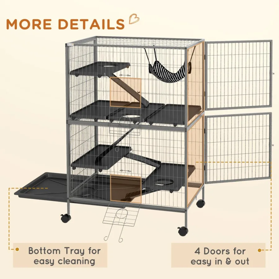 50" 5-Tier Small Animal Cage Multi-Door Heavy-Duty Steel Wire Pet Habitat Removable Tray Hammock Accessory Gray