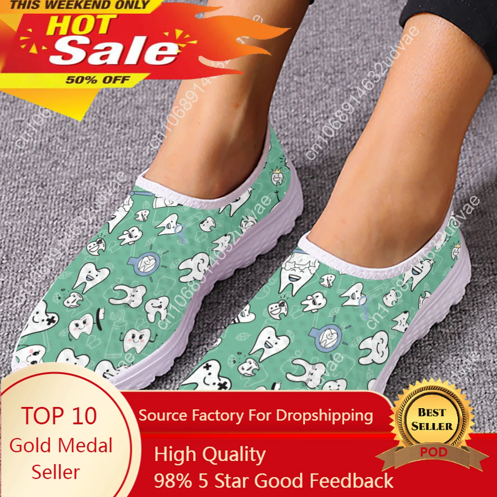 Green Funny Cartoon Teeth Print Ladies Loafers Comfortable Medical Shoes Summer Breathable Mesh Sneakers Zapatos