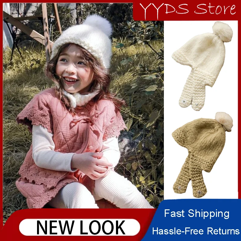 

INS Korean Version Kids Hairball Knit Hat Autumn and Winter Soft Long Hair Solid Color Baby Pullover Cap Sweet Toe Ear Cap