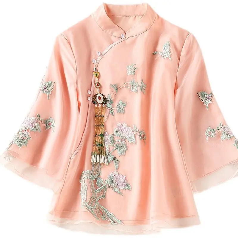 Cheongsam Women's Plus Size Hanfu Tops New Chiffon Embroidery Splicing Chinese Style Retro Tang Costume Qipao Shirts Woman