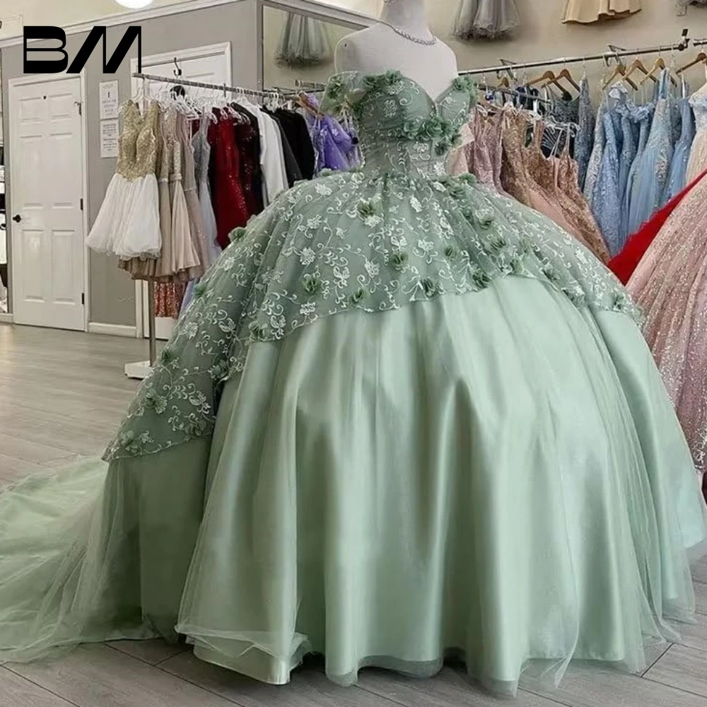 Off Shoulder Quinceanera Jurken 3d Gebloemde Baljurken Voor Dames Tule Galajurk Met Trein Sweet 16 Jurken Vestidos De 15 Quin