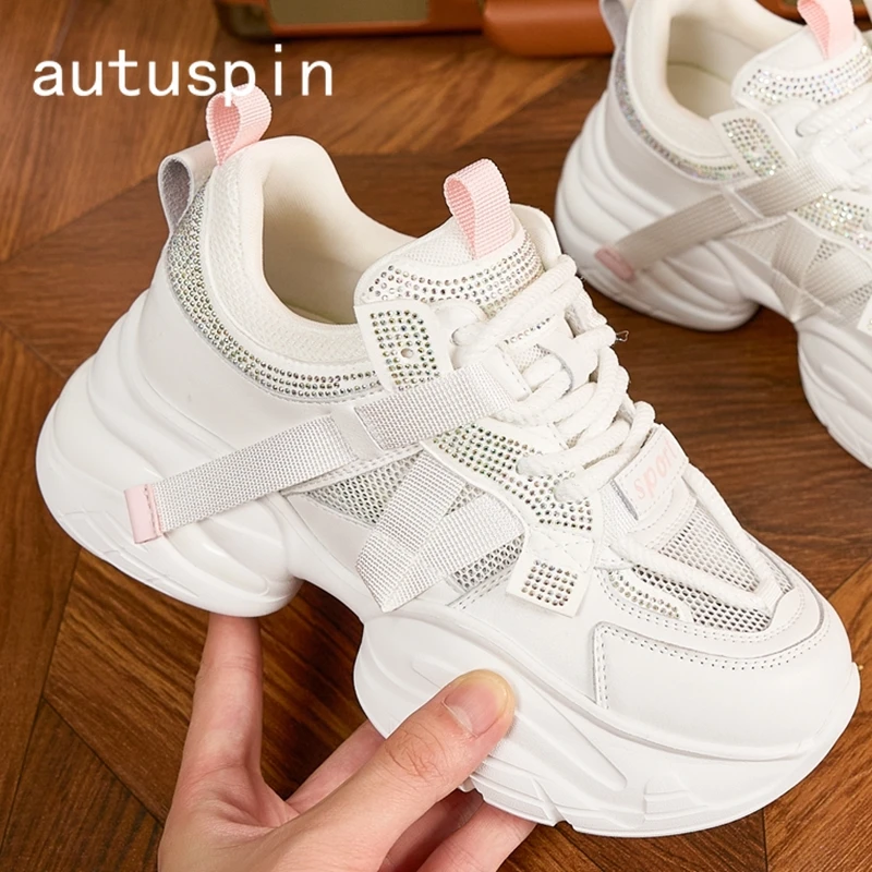 

AUTUSPIN 6cm Platform Rhinestone Ladies Shoes Summer Fashion Street Tide Women Leather Sneakers Breathable Mesh Shoes Female