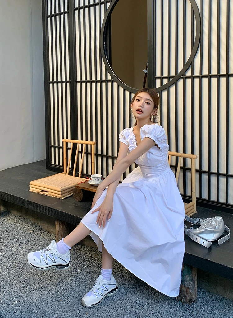 Casual Solid Midi Dresses for Women Korean Chic V-neck Backless High Waist Puff Sleeve A-line Party Dress Summer Vestidos Mujer