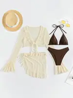 Women's 4 Piece Bikini Halter Neck Triangle Set High Cut Bikini Lettuce Trim Swimsuit Bathing Suit Cover Up Set - Image 3