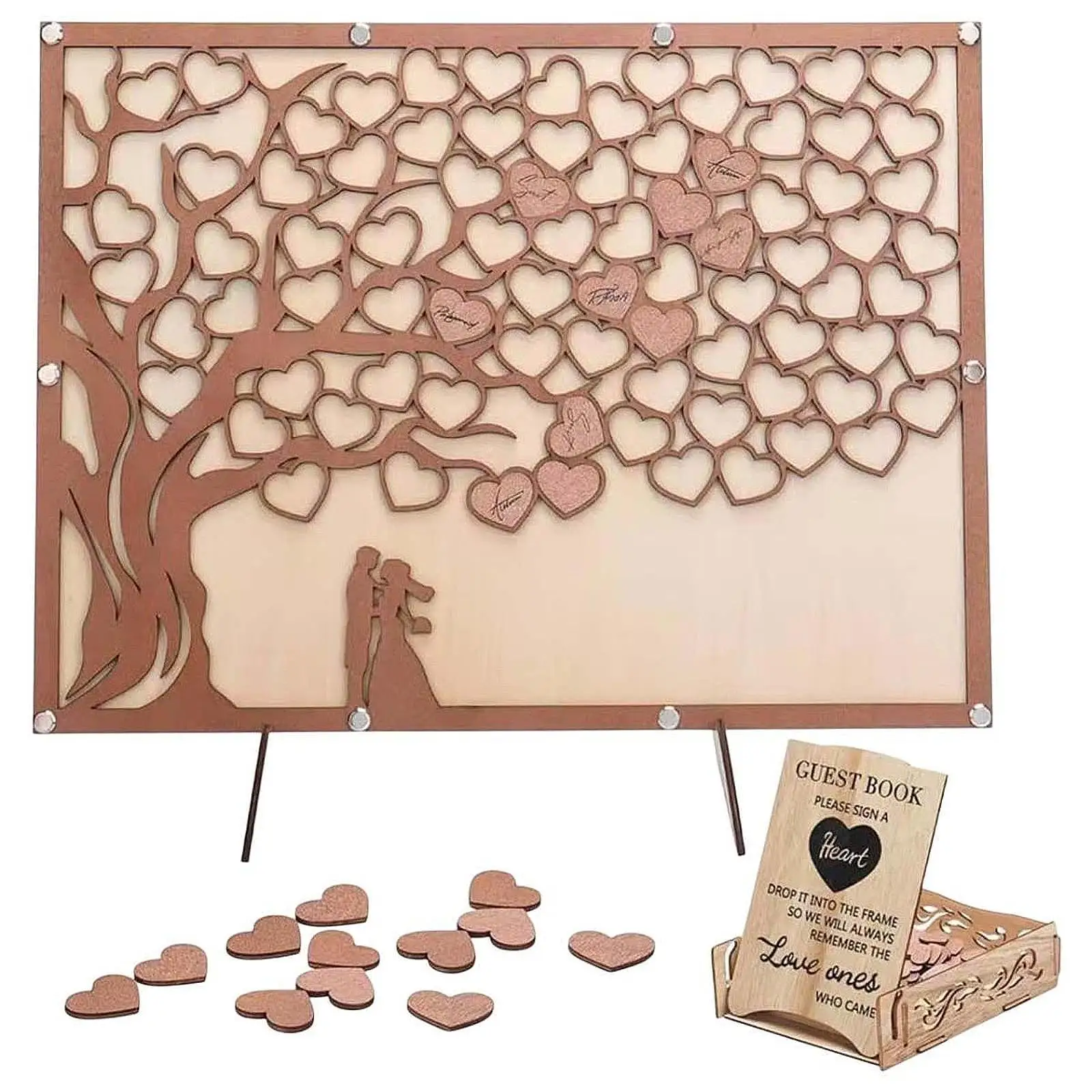 Romantic Wedding Guest Book Sign with Wooden Heart Signs and Stand for Table Centerpiece Ceremony Anniversary Bridal Shower