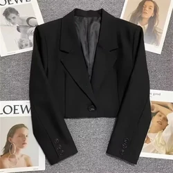 Women's Chic Black Cropped Blazer - Trendy 2025 Notched Collar Jacket with Single Button - M (Black - J2)