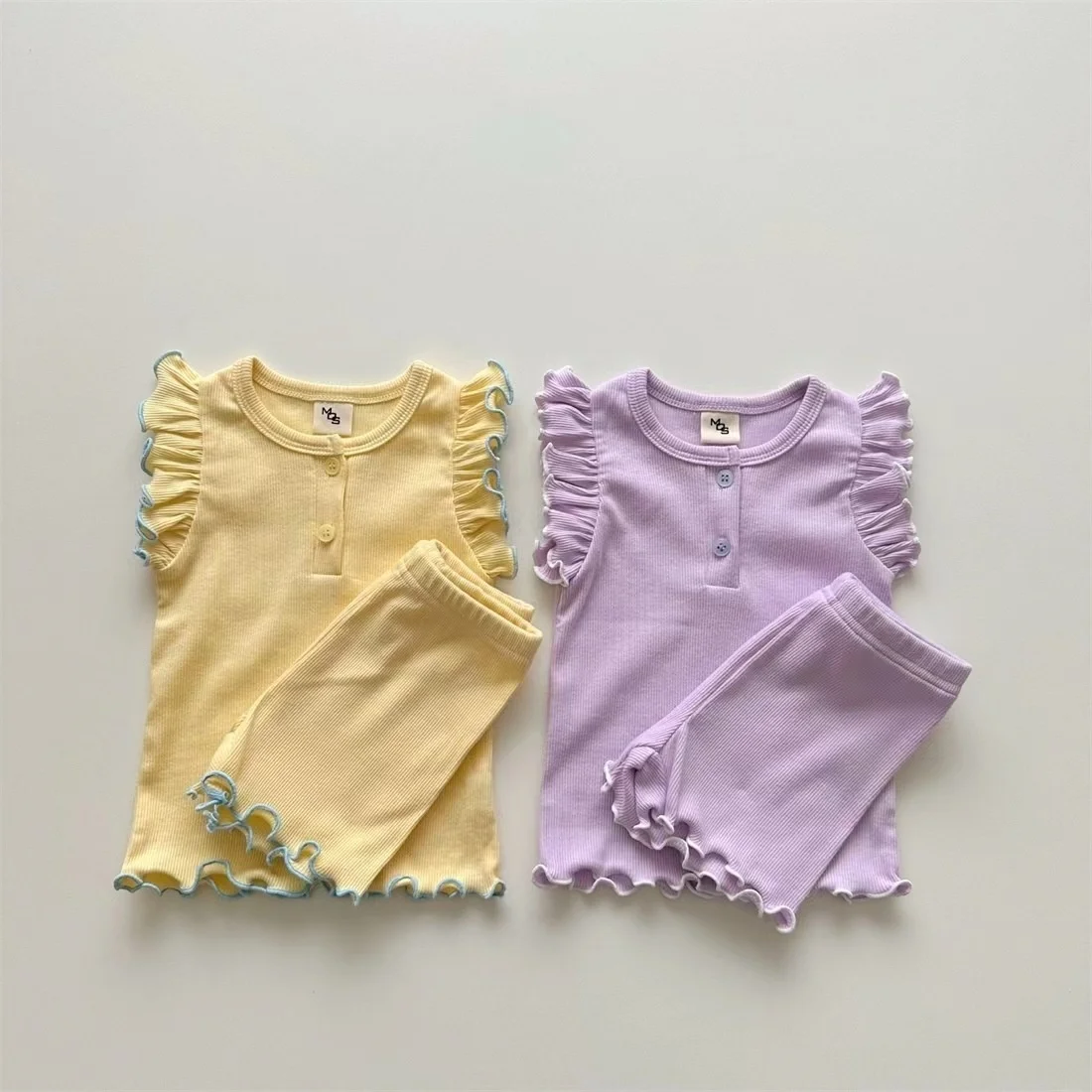 

Summer Baby Girl Clothes Ribbed Flying Sleeve Vest T-shirt Shorts Clothes Sets Girl Ruffle Sleeveless Top Home Clothing Outfits