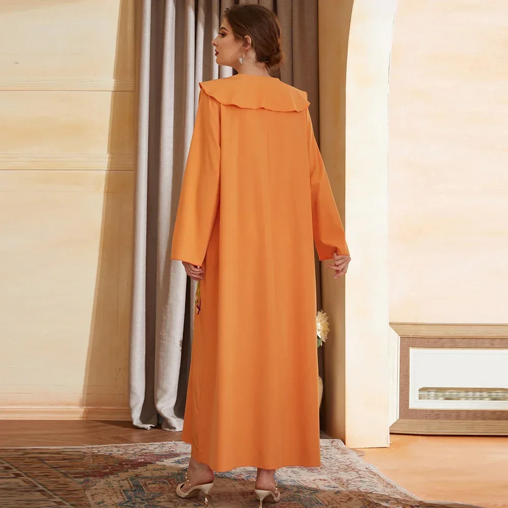 Women dress Eid Muslim Abaya Long Sleeve V Neck  satin Dubai Abayas Party Dress Solid Vestidos Arab Gorgeous Long Robe