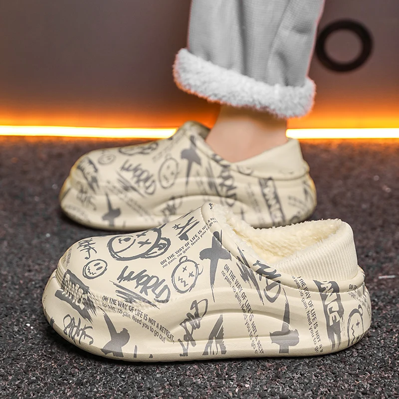 Warm Cotton Slippers for Men Casual Printed Home Cotton Shoes Thick Bottom Waterproof Garden Clogs Mens Winter Slip On Shoes
