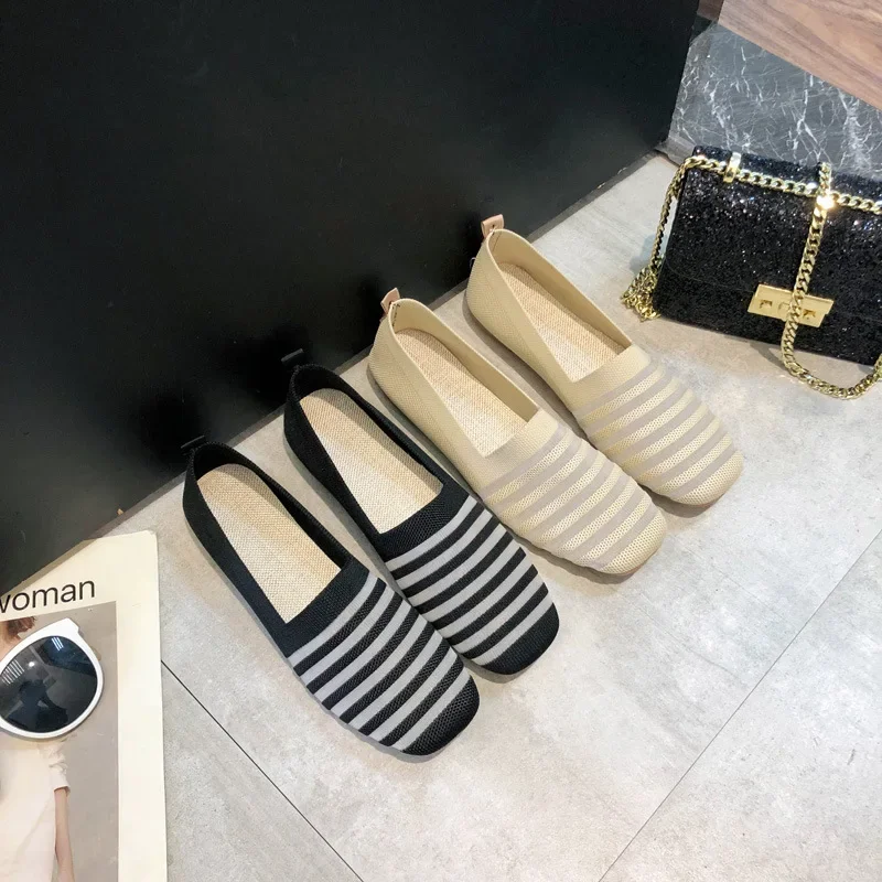 Spring and Autumn Flat Shoes Fashion Leisure Women's Flat Shoes Square Toe Knitting Elastic Comfortable Slip-on Boutique Shoes 4
