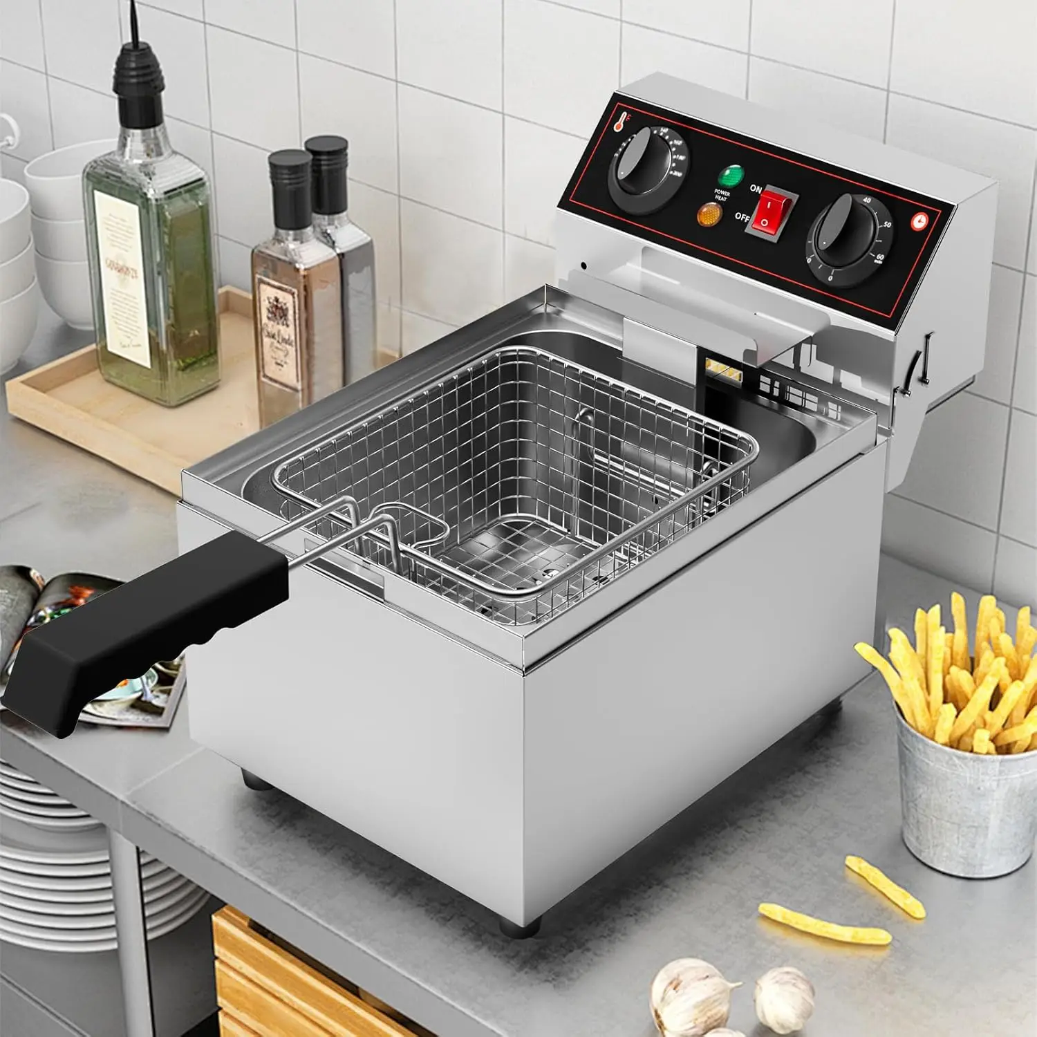 10.6QT/10L Electric Deep Fryer w/Basket & Lid, Stainless Steel Countertop Fryers, 3000W Single Tank Frying Machine w/Adjustable 5