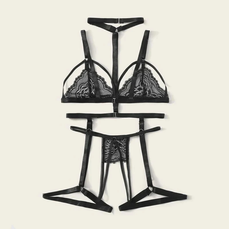 

Sexy Black Lingerie Erotic Three-point Bra Underwear with Garter Belt G-string Set Women Underpants