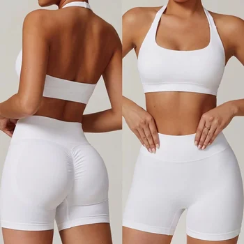 2 Pieces Yoga Suit for Women Seamless Fitness Gym Suit Halter Sports Bra Matching Impact Shorts Workout Sets Gym Set Outfit