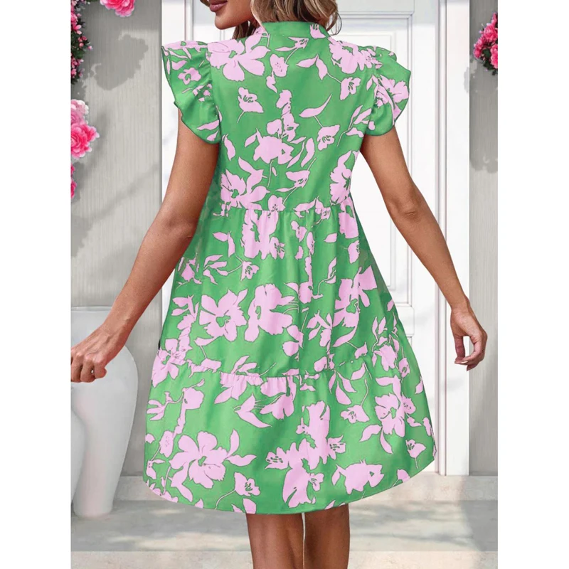 Womens Short Sleeve Midi Dress V-neck loose waisted Ladies Ruffle Boho Floral Summer Beach Vacation Casual Dress Swing Sundress