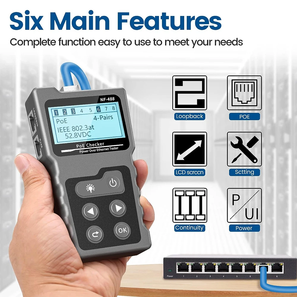 Noyafa NF-488 Network Cable Tester Poe Checker Ethernet Cable Tester Continuity Tester DC Power Switch Loop-Back Test 2