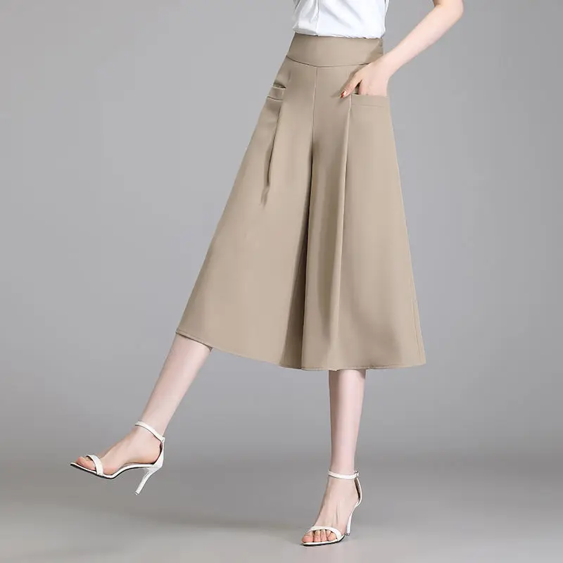 Summer Women Fashion Solid Wide Leg Capris Korean Oversized Skirt Pants Versatile Casual Elastic High Waist Ice Silk Trousers