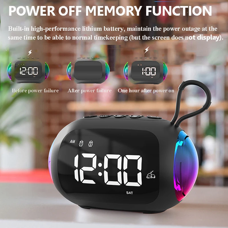 Mini Portable FM Radio Dual Alarm Clock LED Display Radios Receiver RGB Light Bluetooth Subwoofer TF Card USB MP3 Music Player
