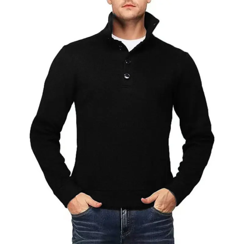 New Autumn and Winter Fashion Solid Color High Neck Button Half Cardigan Knitted Long Sleeve Casual Versatile Men's Sweater Top