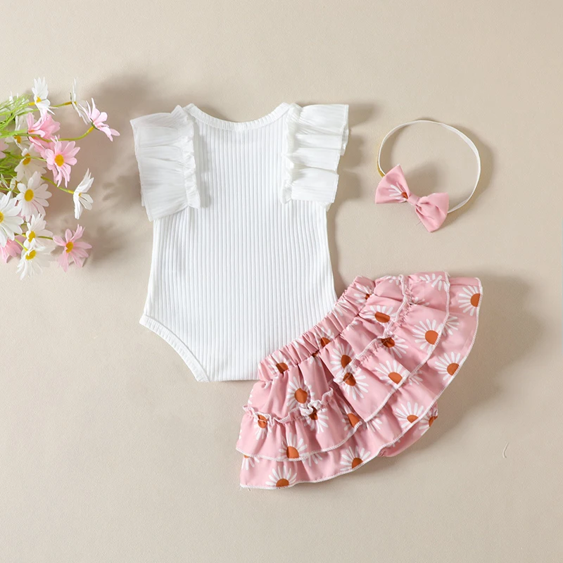 New Fashion Baby Girls Summer Outfit Sets Ruffle Sleeve Ribbed Romper + Floral Culottes + Headband 0-24 Months Hot Sale